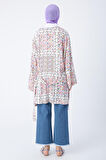 Beyaz-Pembe-Oversize Kol Yırtmaç Detaylı Kuşaklı Desenli Kimono