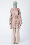 Bej-Kahve-Oversize Kol Yırtmaç Detaylı Kuşaklı Desenli Kimono