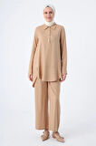 Koyu Bej-Gömlek Yaka Yarım Patlı Yırtmaçlı Arkası Uzun Tunik