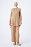 Koyu Bej-Gömlek Yaka Yarım Patlı Yırtmaçlı Arkası Uzun Tunik