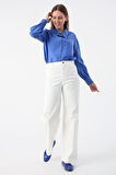 Beyaz-Pamuklu Wide Leg Likralı Pantolon