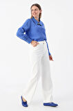 Beyaz-Pamuklu Wide Leg Likralı Pantolon