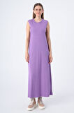 Mor-Pamuklu Fitilli Kolsuz İçlik Elbise