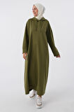 Haki-Büyük Beden Kapüşonlu Basic Örme Elbise