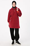 Bordo-Çıtçıt Yakalı Ribana Detaylı Şardonlu Sweat Tunik