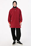 Bordo-Çıtçıt Yakalı Ribana Detaylı Şardonlu Sweat Tunik