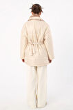 Ekru-Kalpli Kemer Aksesuarlı Şişme Mont