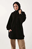 Siyah-Oversize Kapüşonlu Kanguru Cepli Sweat Tunik