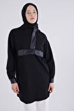 Siyah-Deri Garnili Kapüşonlu Sweat Tunik