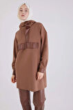 Kahve-Deri Garnili Kapüşonlu Sweat Tunik