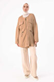 Koyu Bej-Belden Büzgülü Cepli Ceket