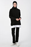 Siyah-Kolları Fermuarlı Dokuma Garnili Oversize Sweat Tunik
