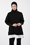 Siyah-Kolları Fermuarlı Dokuma Garnili Oversize Sweat Tunik