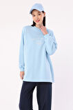 Açık Mavi-Oversize Nakışlı Sweatshirt