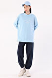 Açık Mavi-Oversize Nakışlı Sweatshirt