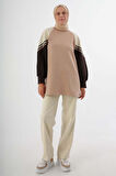 Bej-Şardonlu Deri Garnili Şeritli Sweatshirt