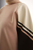 Bej-Şardonlu Deri Garnili Şeritli Sweatshirt