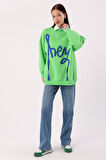 Neon Yeşil-Oversize Şardonlu Şerit Detaylı Sweatshirt