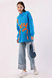 Mavi-Oversize Şardonlu Şerit Detaylı Sweatshirt