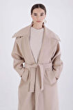 Bej-Oversize Kuşaklı Kaşe Kaban