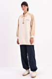 Ekru-Pamuklu Garnili Polo Yaka Sweatshirt