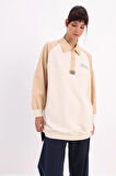 Ekru-Pamuklu Garnili Polo Yaka Sweatshirt