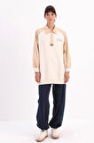 Ekru-Pamuklu Garnili Polo Yaka Sweatshirt