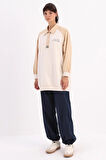 Ekru-Pamuklu Garnili Polo Yaka Sweatshirt