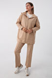 Bej-Fermuarlı Sweat Hırka