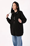 Siyah-Kanguru Cepli Oversize Sweat Hırka
