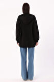 Siyah-Kanguru Cepli Oversize Sweat Hırka