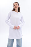 Beyaz-Pamuklu Reglan Kol Manşetli Yanları Yırtmaçlı Sweat Tunik