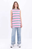 Pembe-Yeşil-Pamuklu Çizgili Sıfır Kollu Tunik