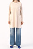 Bej-Basic Pamuklu Süprem Sweat Tunik