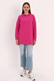 Fuşya-Kapüşonlu Kanguru Cepli Sweatshirt
