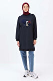 Lacivert-APLİKE NAKIŞLI SWEAT TUNİK