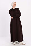 Acı Kahve-Pamuklu Kolları Düğmeli Apoletli Elbise