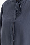 İndigo-Yakası Fırfırlı Bağcıklı Uzun Gömlek