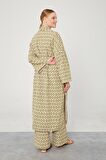 Levidor Haki Desenli Keten Kuşak Bağlamalı Kimono Takım