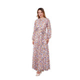 Kadın Astarlı Çiçek Desenli Belden Kuşaklı Elbise