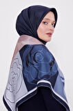 Lacivert Soyut Çiçek Twill Eşarp