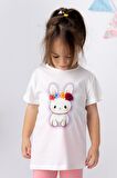 Kız Bebek Tavşan Baskılı 3 Boyutlu Çiçekli  T-shirt