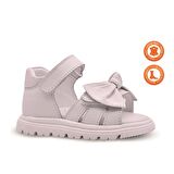 Katty  Çift Cırtlı Fiyonk Detaylı Hakiki Deri Kız Bebek Sandalet Beyaz