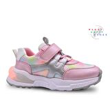 Elisa Cırtlı Lastikli Gökkuşağı File Detaylı Deri Kız Çocuk Spor Ayakkabı Pembe