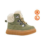 Dinos Peluş Kürk Yaka Detaylı Bağcıklı Ve Fermuarlı Deri Kız Çocuk Bot Açık Haki