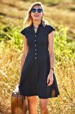 Gömlek Yaka Ön Düğmeli Kısa Kollu Kloş Elbise