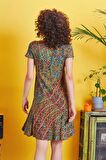 Önü Düğmeli Patchwork Kısa Kol Bohem Elbise