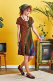 Önü Düğmeli Patchwork Kısa Kol Bohem Elbise