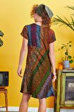 Önü Düğmeli Patchwork Kısa Kol Bohem Elbise
