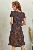 Önü Düğmeli Patchwork Kısa Kol Bohem Elbise